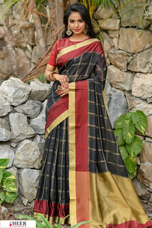 Black color Chanderi Cotton checkered Work saree