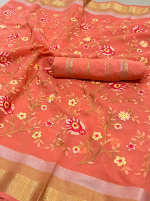 Peach color Linen silk Embroidered work saree