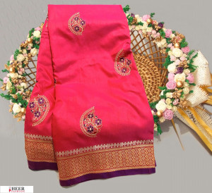 Pink color Soft Raw silk embroidered work saree