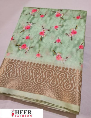 Green color Soft muga silk Digital printed saree