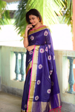 Navy blue color Soft raw silk embroidered saree