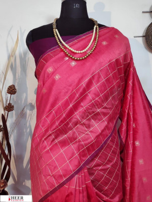 Gajari color Raw silk checks border saree