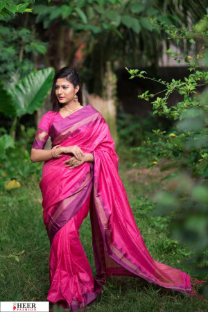 Pink color Soft raw silk temple work saree