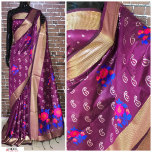 Wine color Handloom chanderi cotton weaving Work saree