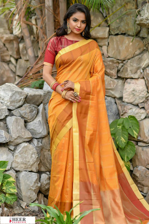 Yellow color Chanderi Cotton checkered Work saree