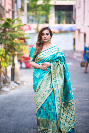 Rama green color Soft Banarasi Silk Weaving checkered Work saree