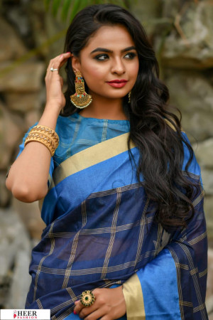 Blue color Chanderi Cotton checkered Work saree