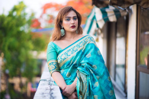 Rama green color Soft Banarasi Silk Weaving checkered Work saree