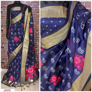 Navy blue color Handloom chanderi cotton weaving Work saree