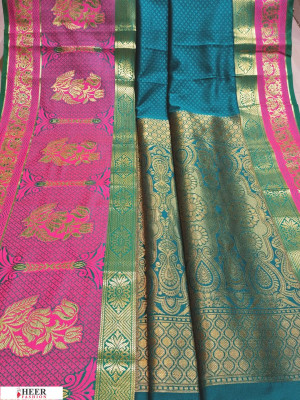 Blue color Soft kanchipuram silk weaving work saree
