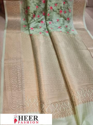 Green color Soft muga silk Digital printed saree