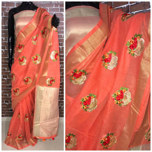 Peach color Linen silk Embroidered work saree