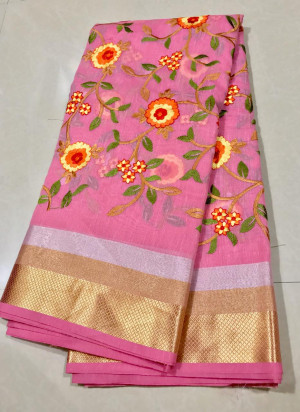 Pink color Linen silk Embroidered work saree