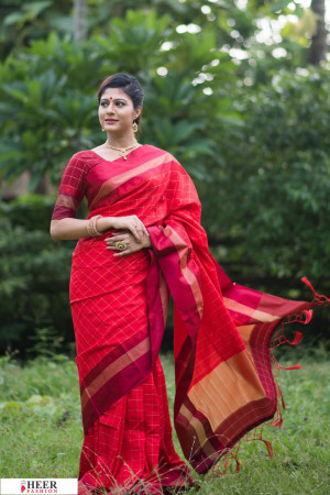 Red color Soft raw silk temple work saree