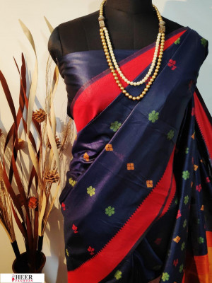 Navy blue color Handloom raw silk weaving saree