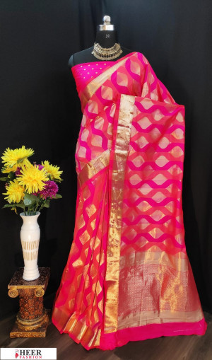 Pink color Soft Banarasi silk weaving work saree