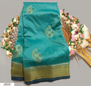 Rama Green color Soft Raw silk embroidered work saree