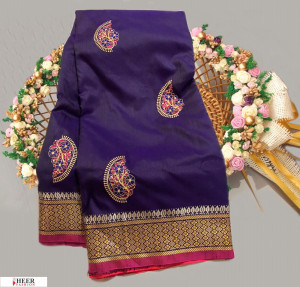 Navy blue color Soft Raw silk embroidered work saree