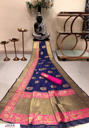 Navy blue color Banarasi silk weaving meenakari saree