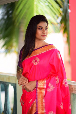 Pink color Soft raw silk embroidered saree