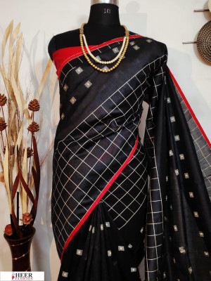 Black color Raw silk checks border saree