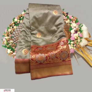 Gray color Banglori raw silk zari woven work saree