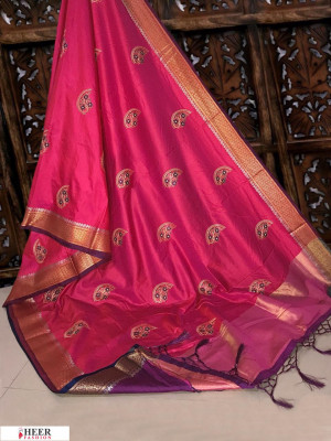 Pink color Soft Raw silk embroidered work saree