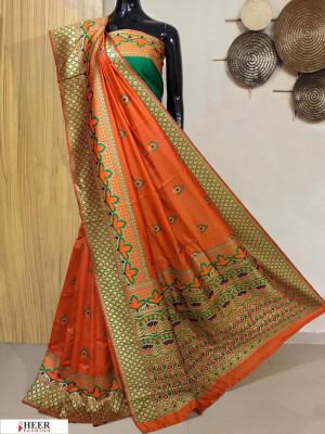 Orange color Banarasi silk meenakari saree