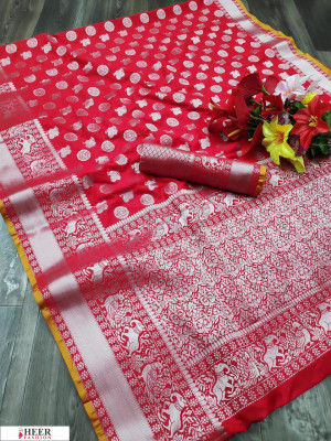 Red color soft banarasi silk weaving work saree