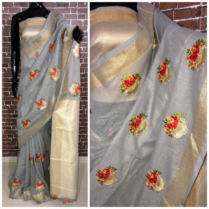Gray color Linen silk Embroidered work saree