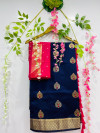 Navy blue color soft cotton silk weaving saree with golden and silver zari work