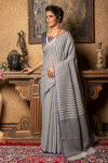 Gray color pure linen saree with zari weaving work