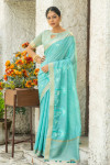 Firoji color linen cotton saree with zari weaving embroidered work