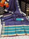 Navy blue color banglori silk weaving saree with zari border and pallu