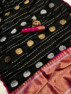 Black color soft banarasi lichi silk saree with golden and silver zari work