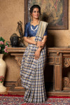 Blue color pure linen saree with zari weaving work