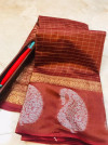 Coffee color soft linen silk handloom saree with golden zari checks