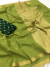 Green color pure linen saree with zari weaving work