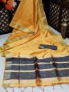 Yellow color banglori silk weaving saree with zari border and pallu