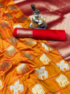 Orange color soft silk saree with golden and silver zari work