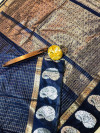 Navy blue color soft linen silk handloom saree with golden zari checks