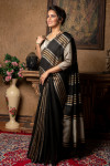 Black color pure linen saree with zari weaving work