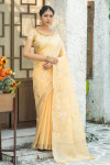 Yellow color linen cotton saree with zari weaving embroidered work
