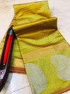 Green color soft linen silk handloom saree with golden zari checks
