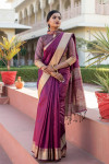 Magenta color tassar silk saree with zari woven work