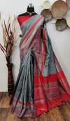 Gray color raw silk weaving saree with temple woven border