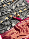 Gray color soft banarasi lichi silk saree with golden and silver zari work