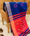 Royal blue color soft raw silk saree with geometric woven pallu