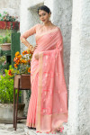 Pink color linen cotton saree with zari weaving embroidered work
