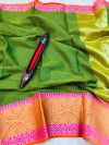 Green color kota doriya saree with zari weaving work
